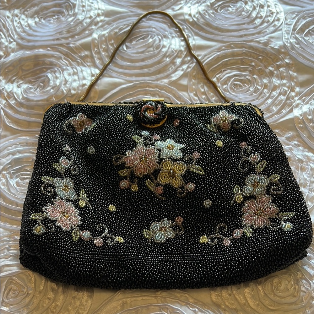 Michel Swiss Elegant Black Floral Beaded Women's Bag